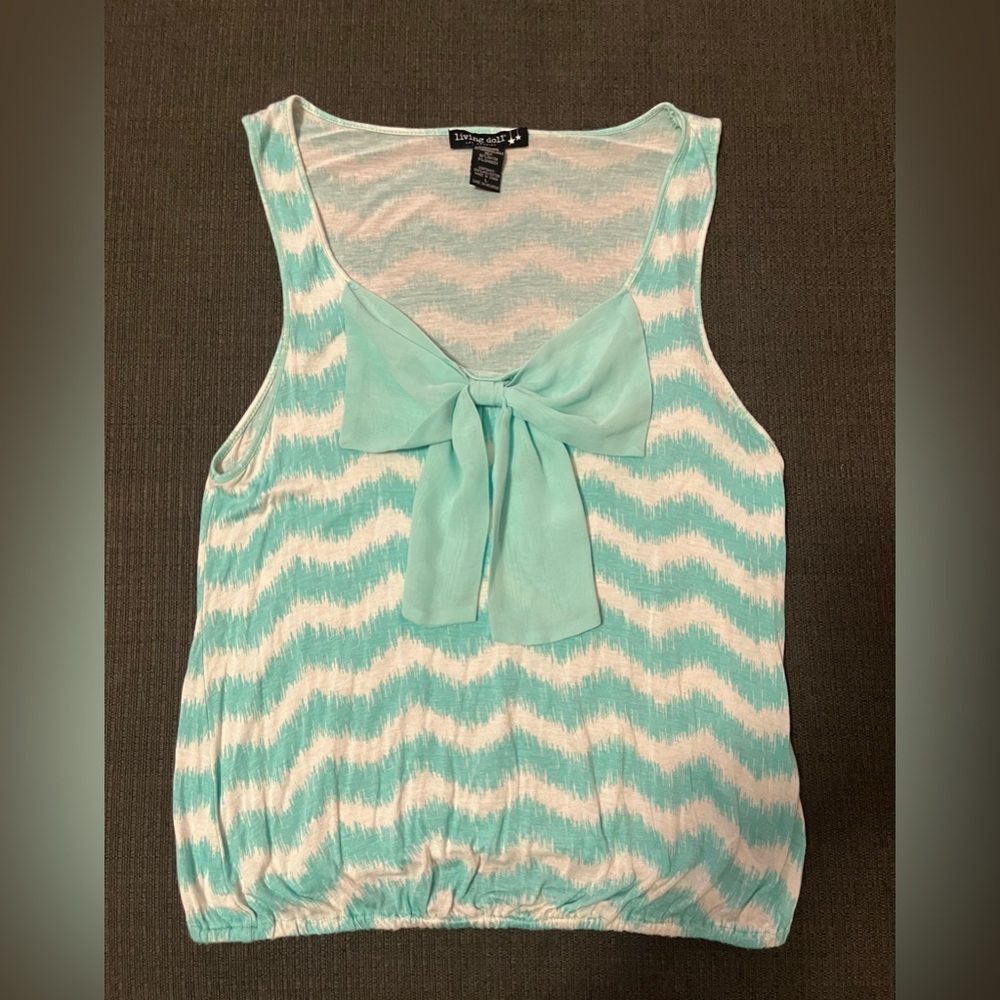 White & Aqua Chevron Bow Tank Top Large